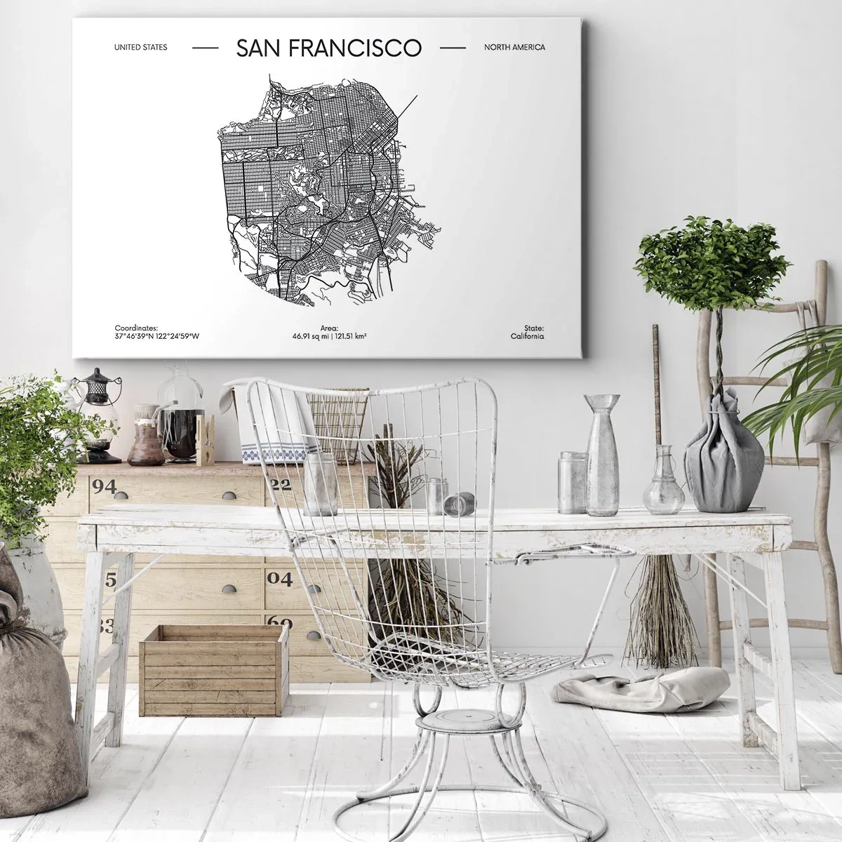 Cuadro sobre lienzo - Impresión de Imagen - Un mapa de San Francisco en un estilo minimalista en blanco y negro. - 70x50cm - Anatomía de San Francisco - Decoración de pared moderna para salón y dormitorio ARTTOR