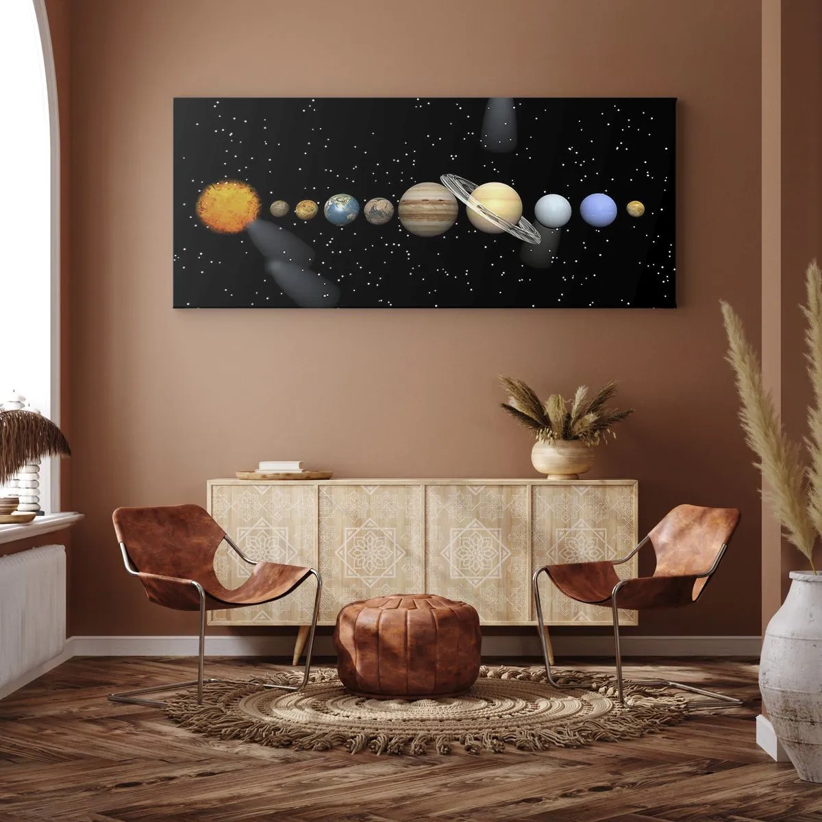 Cuadro sobre lienzo - Impresión de Imagen - El sistema solar con planetas sobre un fondo de estrellas en el espacio. - 160x50cm - Los planetas en armonía - Decoración de pared moderna para salón y dormitorio ARTTOR