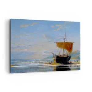 Cuadro sobre lienzo - Impresión de Imagen - Un barco en la orilla del mar en un día soleado. - 120x80cm - Agua, tierra, aire - Decoración de pared moderna para salón y dormitorio ARTTOR