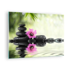 Cuadro sobre vidrio - Impresiones sobre Vidrio - Piedras negras y una flor rosa sobre un fondo de naturaleza. - 70x50cm - Tiempo para el alma - Decoración de pared moderna para salón y dormitorio ARTTOR
