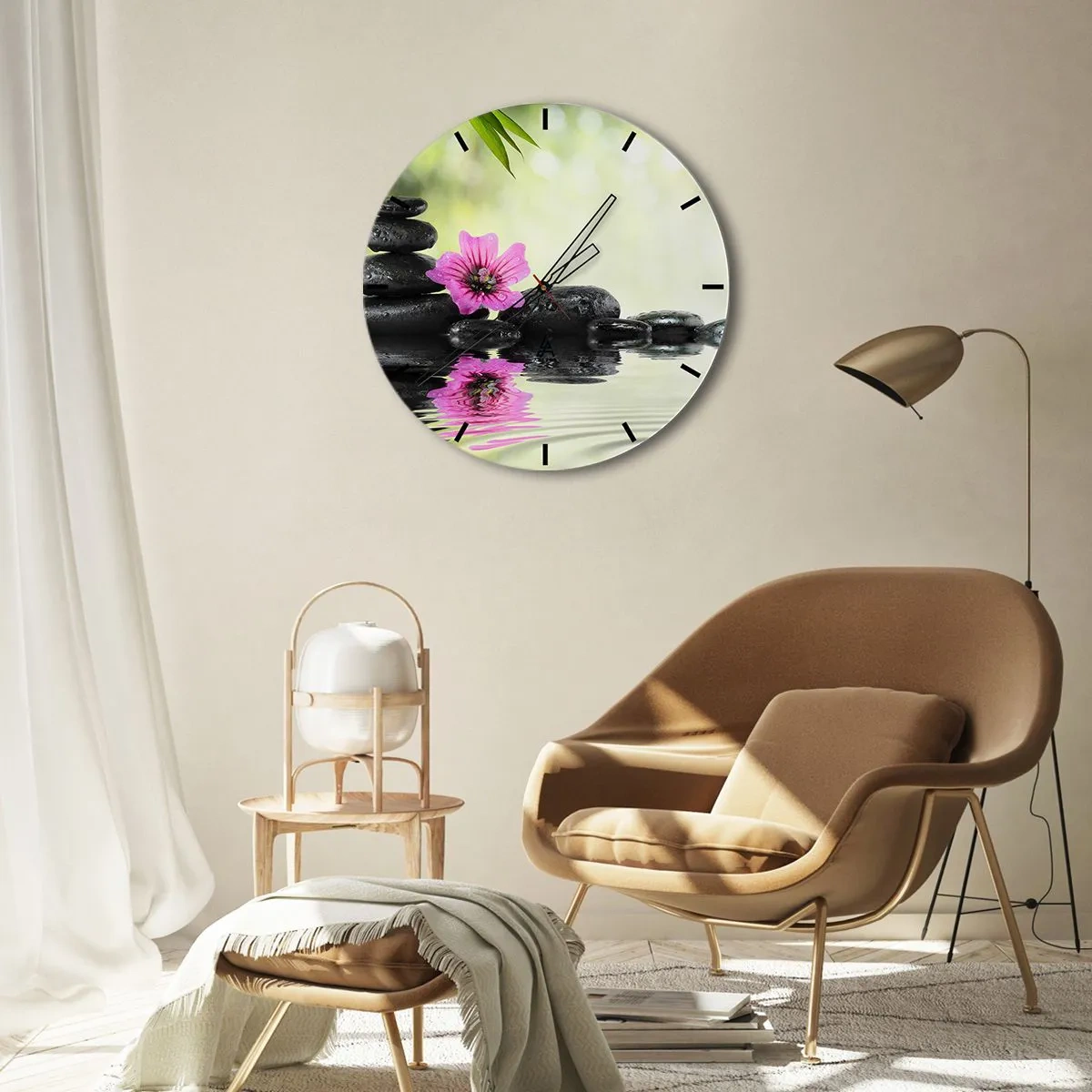 Reloj de pared - Reloj de vidrio - Piedras zen con una flor rosa sobre un fondo natural. - 30x30cm - Tiempo para el alma - Decoración de pared moderna para salón, cocina y dormitorio ARTTOR