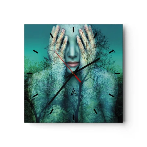 Reloj de pared - Reloj de vidrio - Figura de mujer con motivo de árbol sobre un fondo de paisaje turquesa. - 30x30cm - Sumergida en azul - Decoración de pared moderna para salón y dormitorio ARTTOR