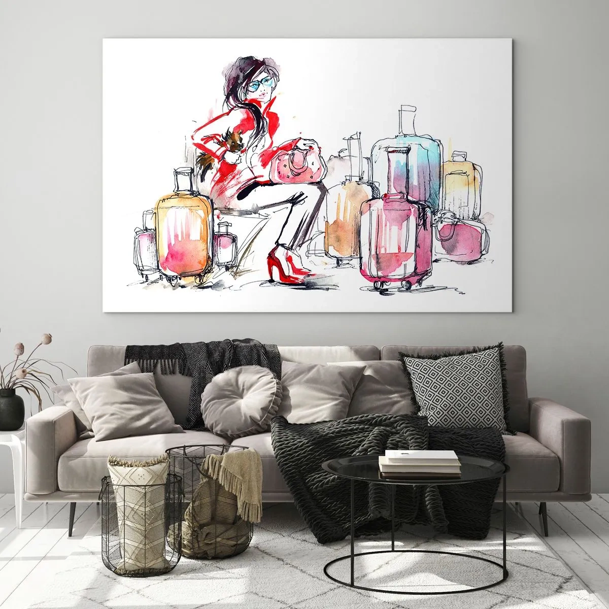 Cuadro sobre vidrio - Impresiones sobre Vidrio - Una mujer con un abrigo rojo rodeada de maletas en un estilo esquemático. - 70x50cm - Sentémonos antes del viaje - Decoración de pared moderna para salón y dormitorio ARTTOR