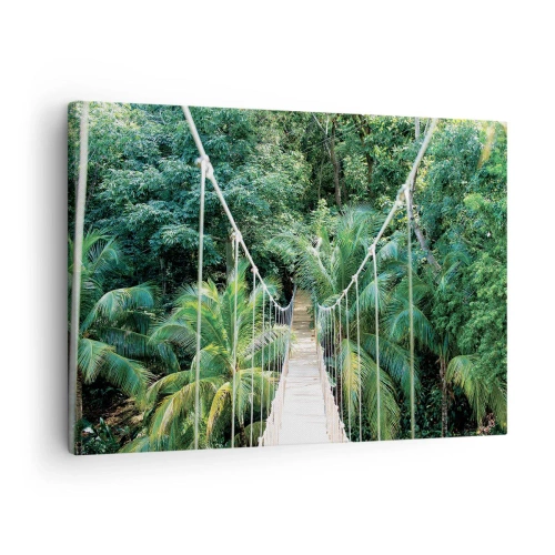 Cuadro sobre lienzo - Impresión de Imagen - Un puente colgante en una selva tropical llena de vegetación. - 70x50cm - ¡Bienvenido a la selva! - Decoración de pared moderna para salón y dormitorio ARTTOR