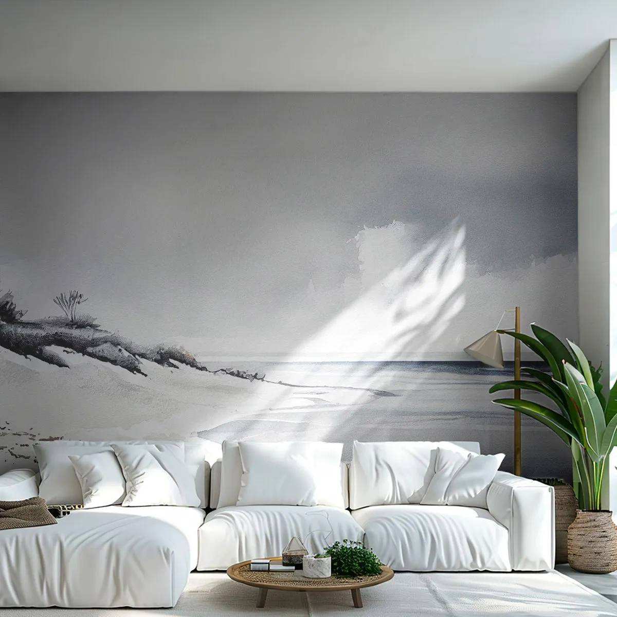 Fotomural Premium Sand - Cielo gris y mar en calma junto a una playa blanca y vacía - 100x70cm - Juntos desde el principio de los tiempos - Decoración de pared moderna para salón y dormitorio ARTTOR