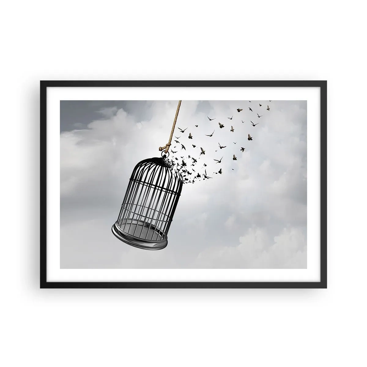 Póster en marco negro - Pájaros volando desde una jaula contra el cielo. - 70x50cm - Fe... Esperanza... ¡Libertad! - Decoración de pared moderna para salón y dormitorio ARTTOR