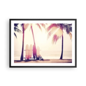 Póster en marco negro - Palmeras y tablas de surf en la playa bajo el sol. - 70x50cm - Va a ser un gran día - Decoración de pared moderna para salón y dormitorio ARTTOR