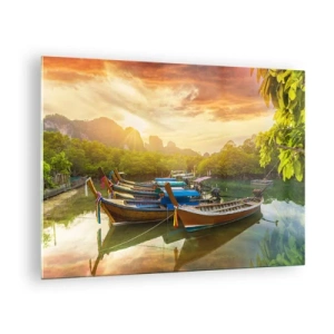 Cuadro sobre vidrio - Impresiones sobre Vidrio - Barcos tradicionales en un paisaje tropical al atardecer. - 70x50cm - Antes de un día ajetreado - Decoración de pared moderna para salón y dormitorio ARTTOR