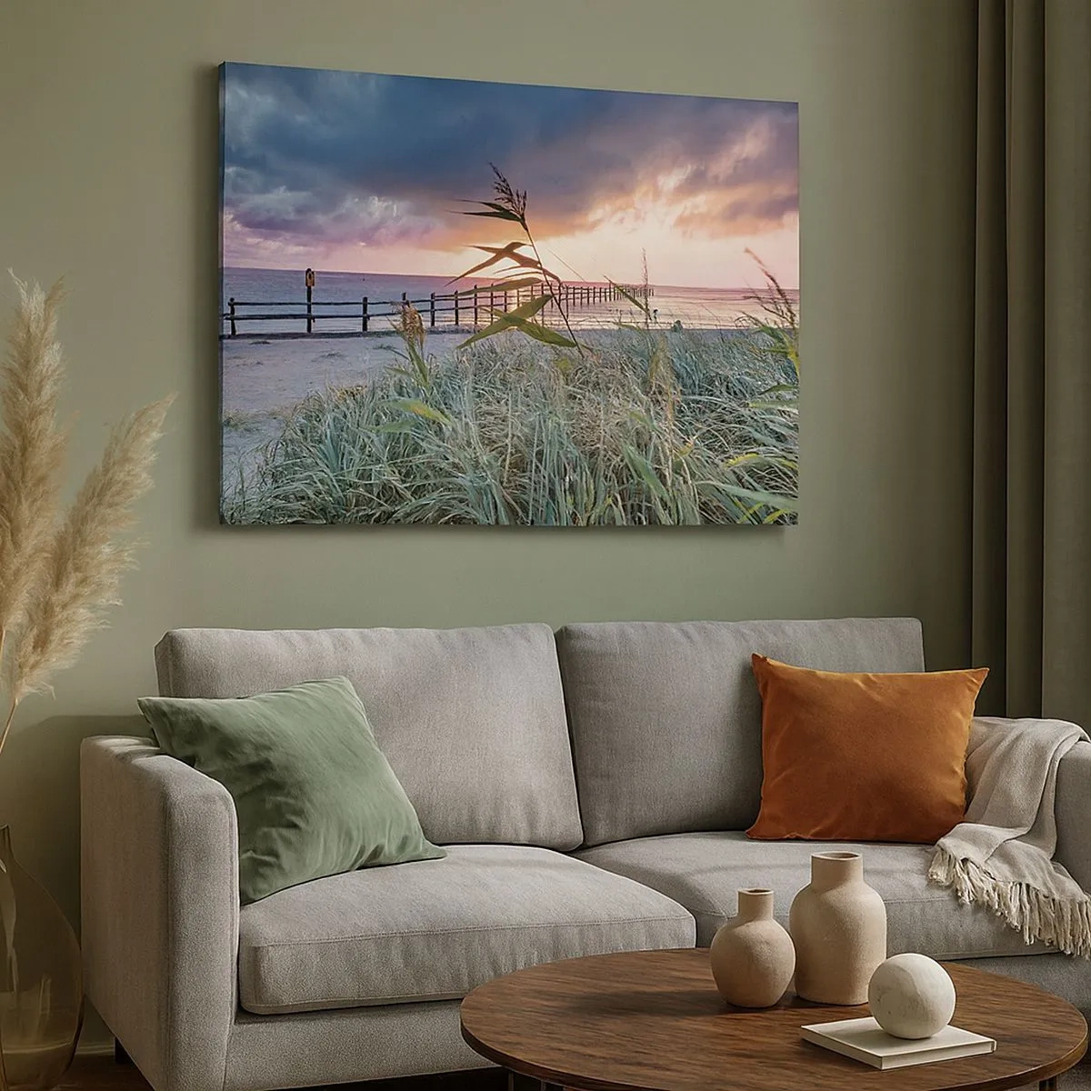 Cuadro sobre lienzo - Impresión de Imagen - Playa al atardecer con hierbas en primer plano - 70x50cm - Bailando con el viento - Decoración de pared moderna para salón y dormitorio ARTTOR