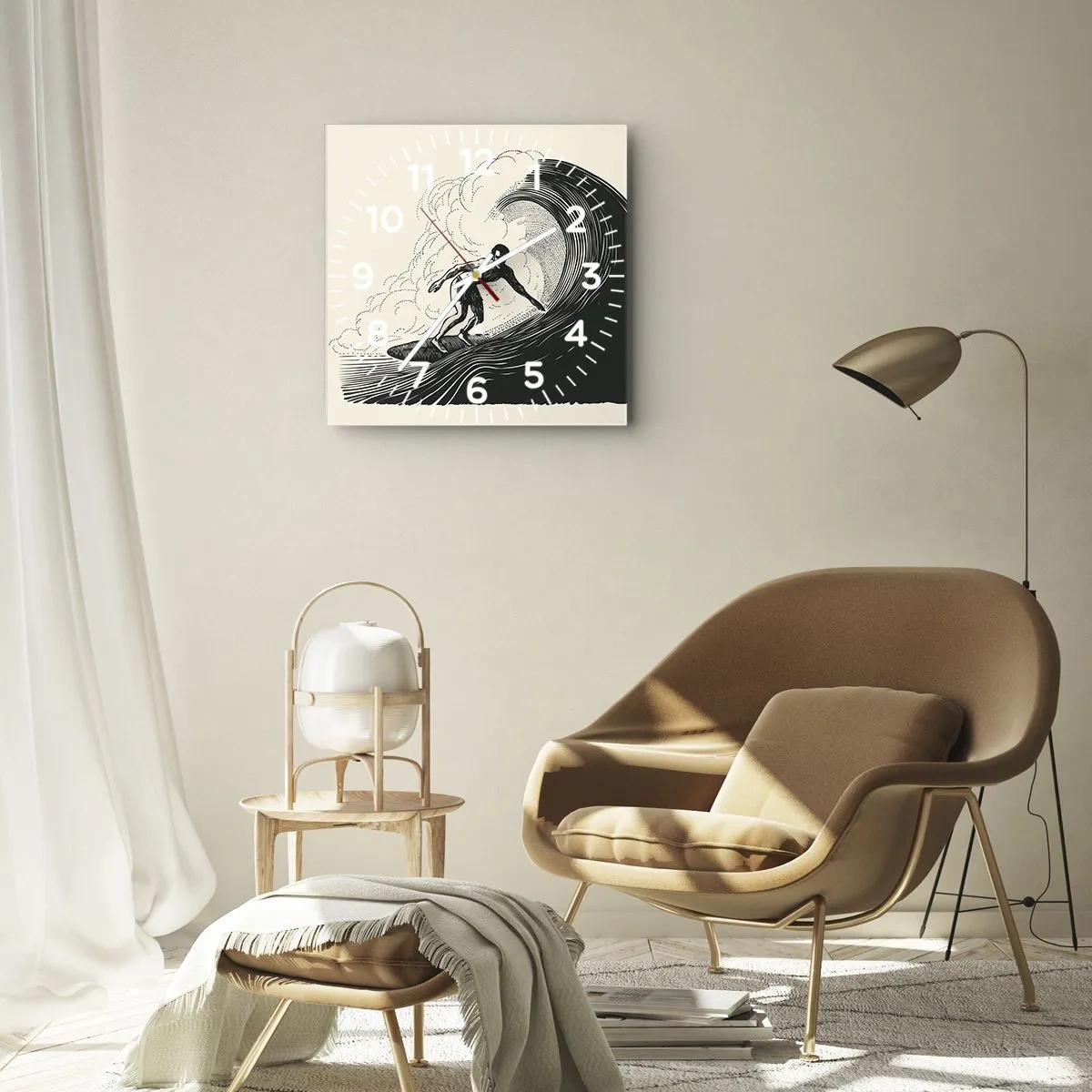 Reloj de pared - Reloj de vidrio - Gráfico en blanco y negro de un surfista montando una ola. - 30x30cm - Rey de la ola - Decoración de pared moderna para salón y dormitorio ARTTOR