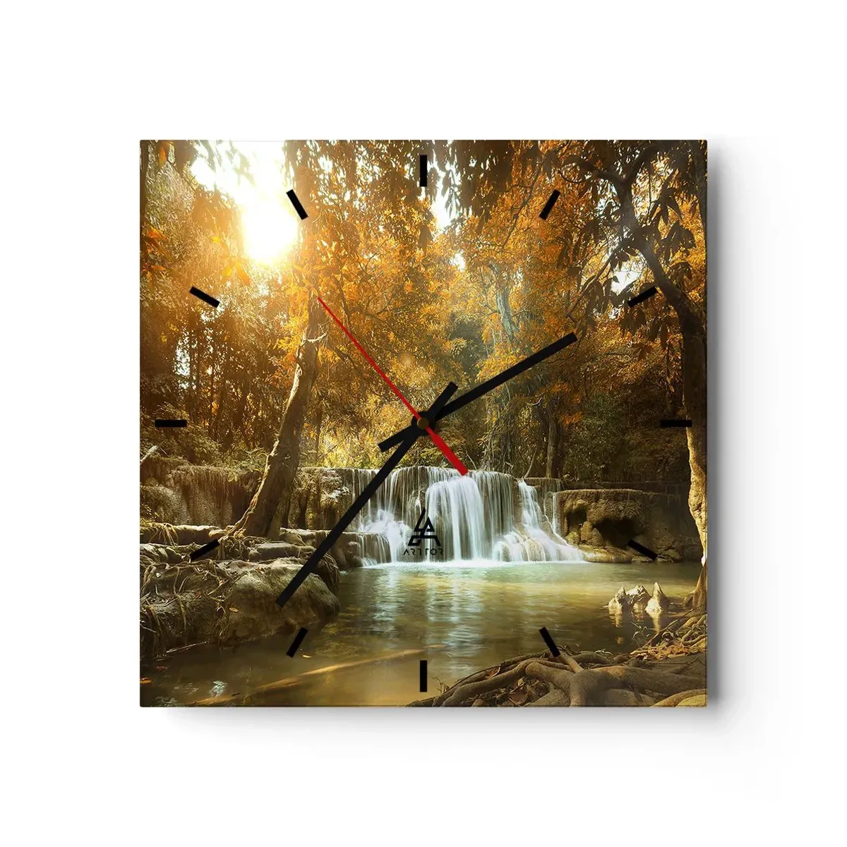 Reloj de pared - Reloj de vidrio - Paisaje otoñal con cascada - 30x30cm - Una cascada en el parque - Decoración de pared moderna para salón y dormitorio ARTTOR