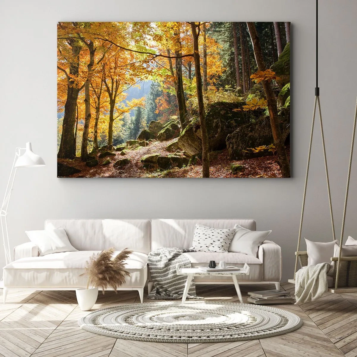 Cuadro sobre lienzo - Impresión de Imagen - Un bosque otoñal lleno de hojas doradas y luz solar. - 100x70cm - Tiempo de descanso - Decoración de pared moderna para salón y dormitorio ARTTOR
