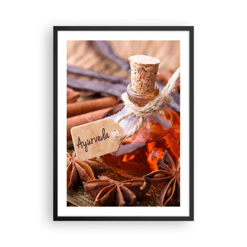 Póster en marco negro - Una botella de aceite ayurvédico y especias. - 50x70cm - Hacia la unidad del cuerpo y el espíritu - Decoración de pared moderna para salón y dormitorio ARTTOR