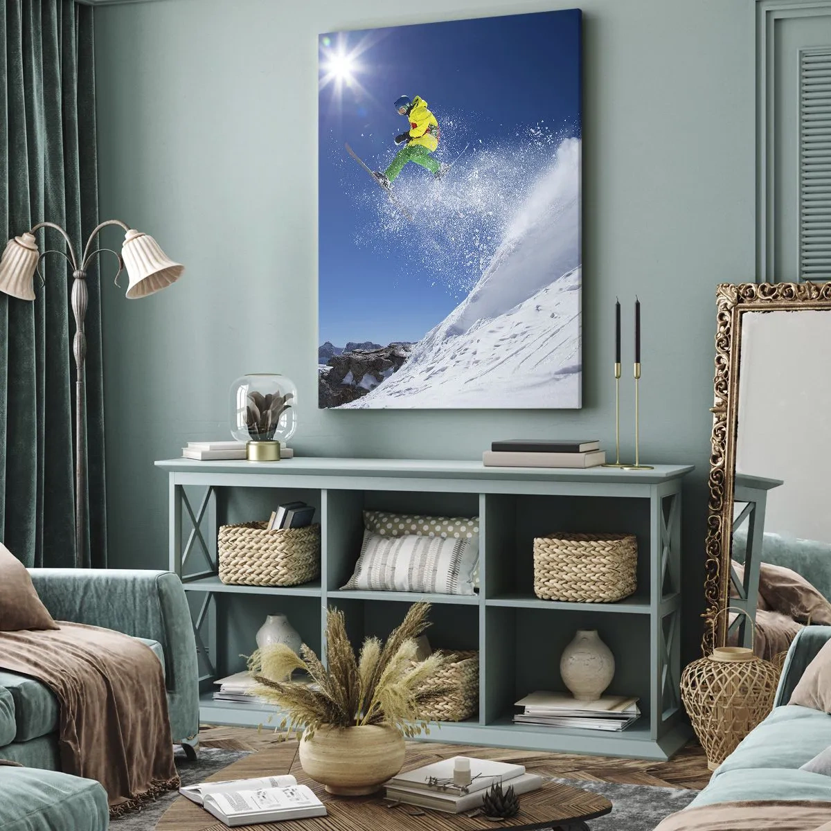 Cuadro sobre lienzo - Impresión de Imagen - Esquiador en el aire con montañas al fondo - 70x100cm - Bailando con las montañas - Decoración de pared moderna para salón y dormitorio ARTTOR