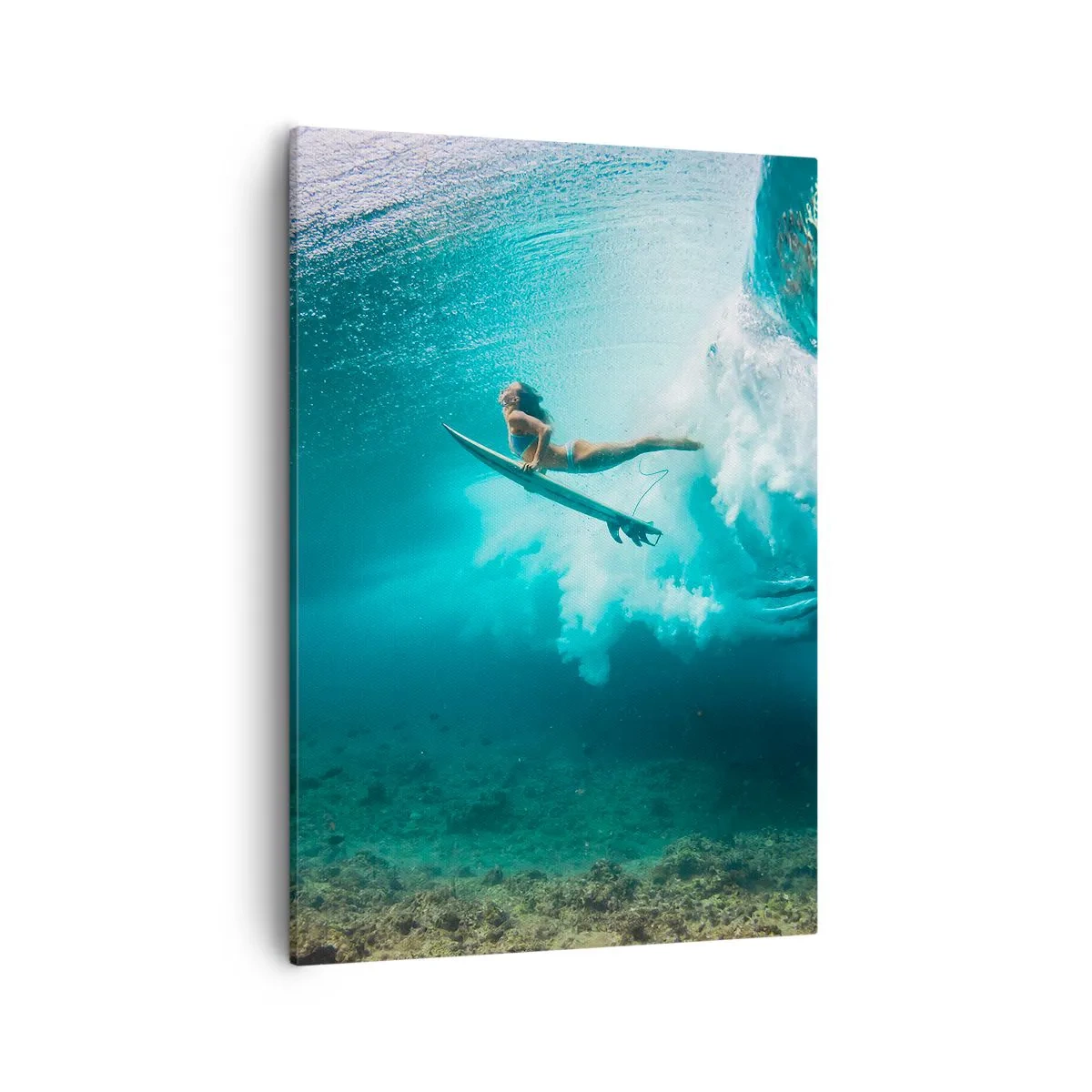 Cuadro sobre lienzo - Impresión de Imagen - Surfista bajo una ola en el agua azul del océano - 50x70cm - Mundo submarino - Decoración de pared moderna para salón y dormitorio ARTTOR