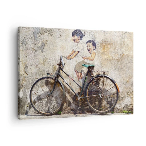 Cuadro sobre lienzo - Impresión de Imagen - Arte callejero con una bicicleta y dibujos infantiles en la pared. - 70x50cm - ¿Verdadero o falso? - Decoración de pared moderna para salón y dormitorio ARTTOR