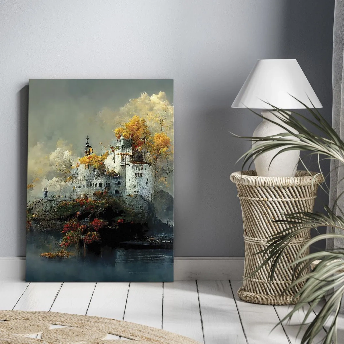 Cuadro sobre lienzo - Impresión de Imagen - Un castillo en una colina rodeado de árboles otoñales. - 50x70cm - El comienzo de una historia romántica - Decoración de pared moderna para salón y dormitorio ARTTOR