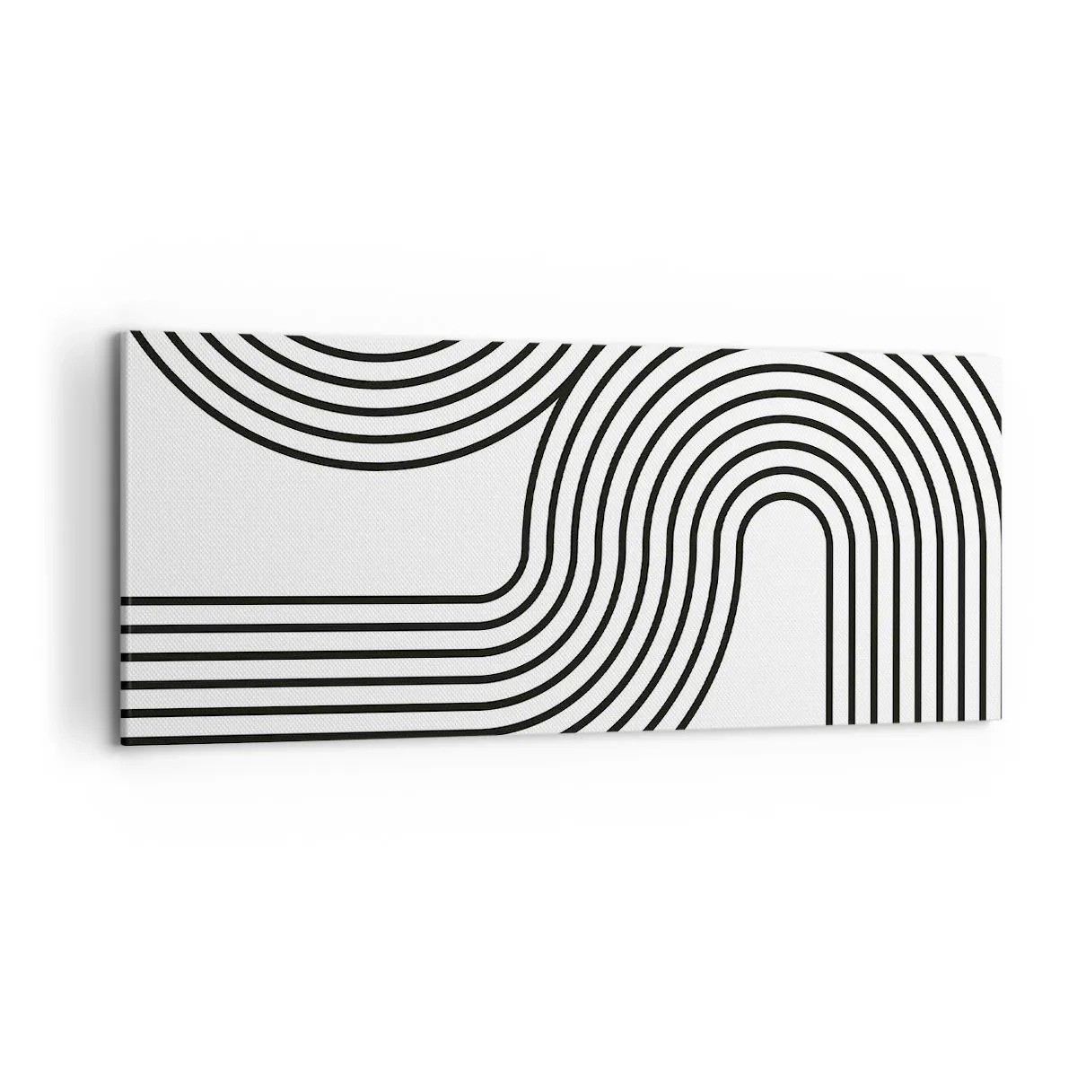 Cuadro sobre lienzo - Impresión de Imagen - Una pintura abstracta con líneas negras que crean patrones geométricos sobre un fondo blanco. - 120x50cm - En una curva - Decoración de pared moderna para salón y dormitorio ARTTOR