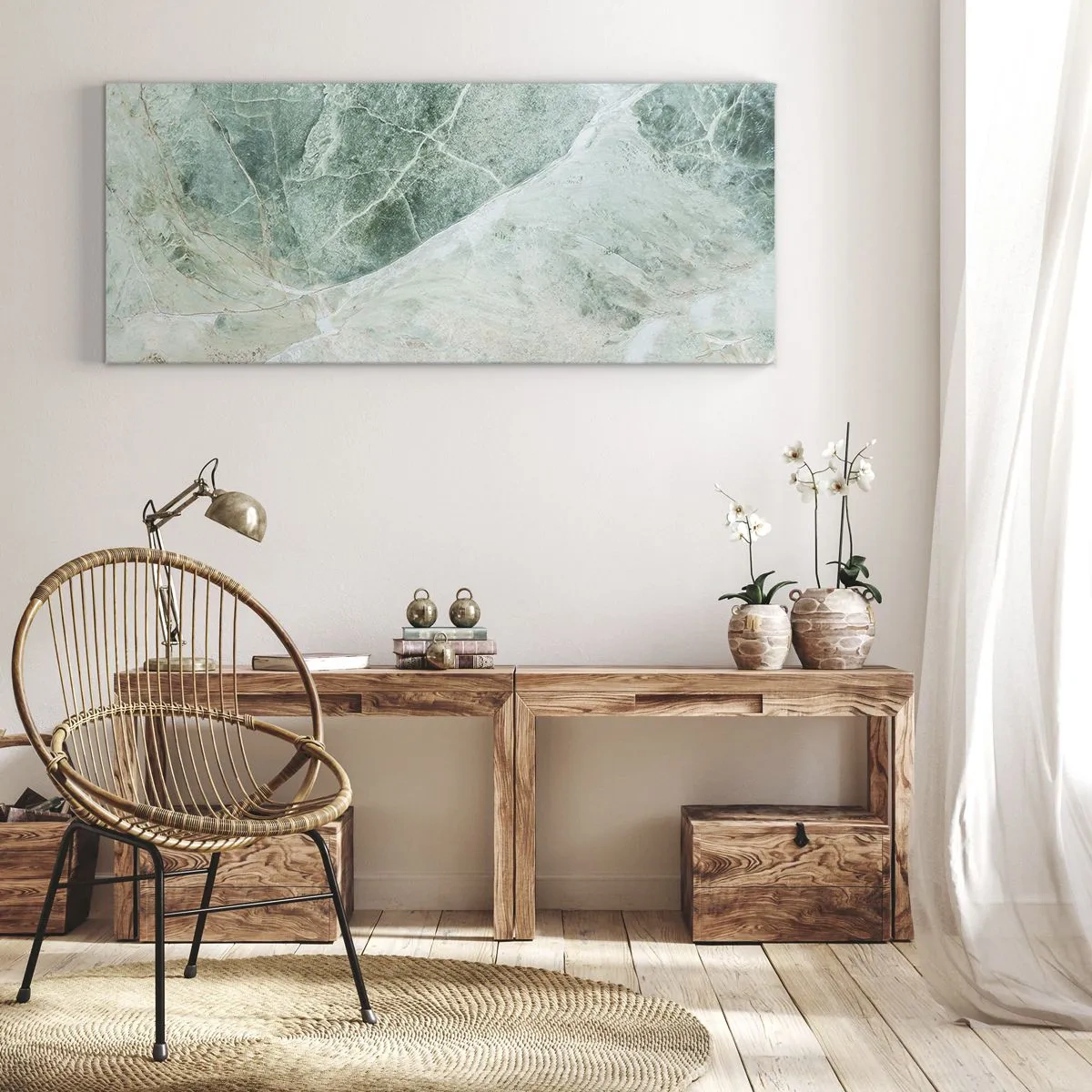 Cuadro sobre lienzo - Impresión de Imagen - Mármol verde con delicadas vetas blancas. - 140x50cm - El noble frescor de la piedra - Decoración de pared moderna para salón y dormitorio ARTTOR