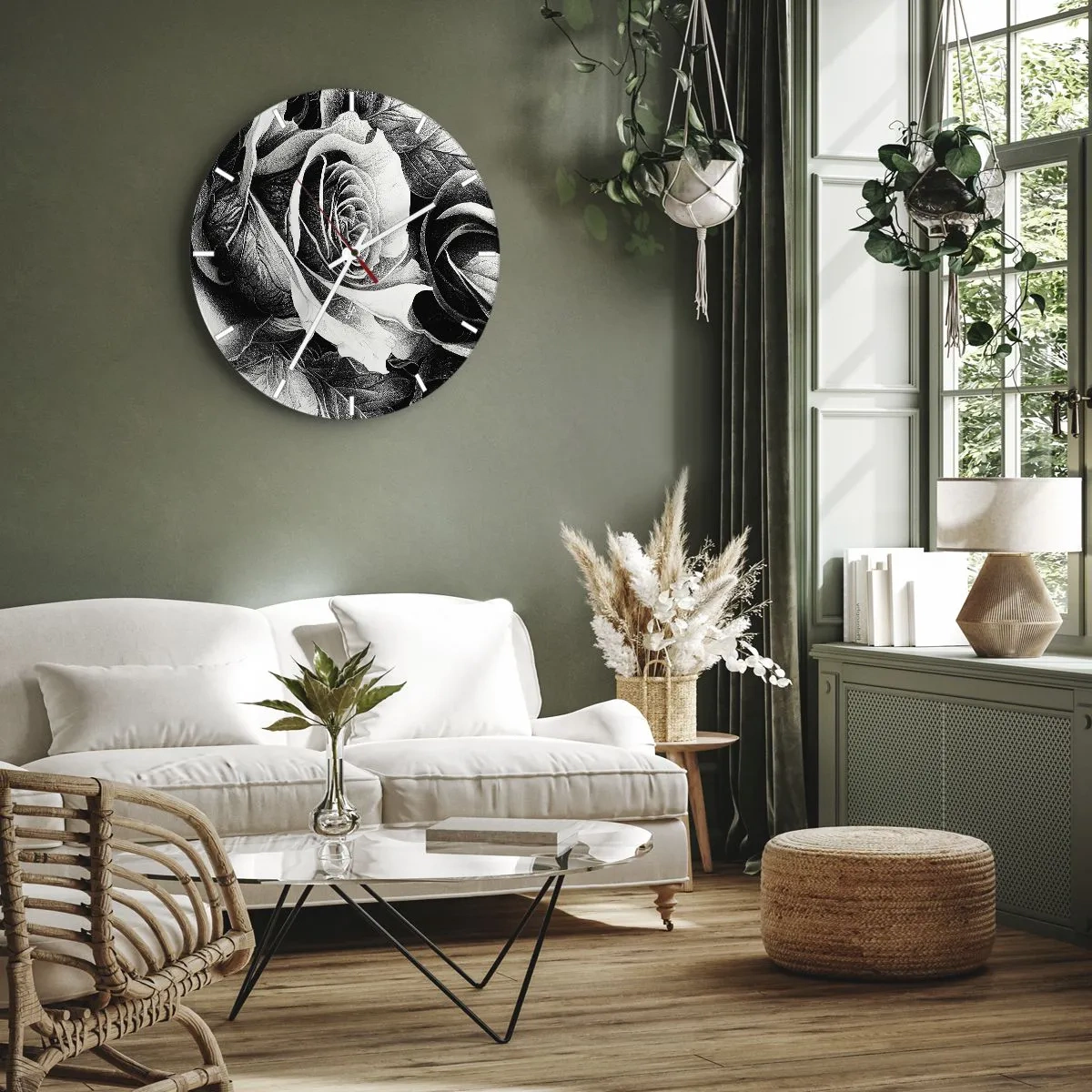 Reloj de pared - Reloj de vidrio - Ilustración de rosa en blanco y negro en un estilo de dibujo clásico. - 30x30cm - Siempre como una reina - Decoración de pared moderna para salón, cocina y dormitorio ARTTOR