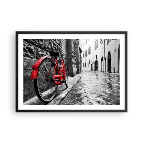 Póster en marco negro - Bicicleta roja en una calle en blanco y negro - 70x50cm - La verdadera belleza no envejece - Decoración de pared moderna para salón y dormitorio ARTTOR