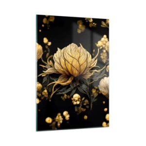 Cuadro sobre vidrio - Impresiones sobre Vidrio - Flores doradas sobre fondo negro en una elegante composición. - 50x70cm - Sutil fragilidad - Decoración de pared moderna para salón y dormitorio ARTTOR