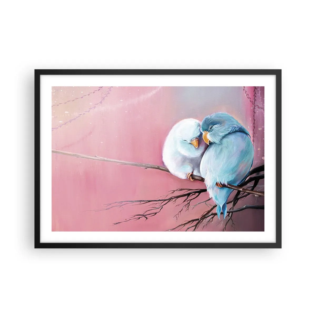 Póster en marco negro - Dos pájaros enamorados en una rama sobre un fondo rosa. - 70x50cm - Qué añadir aquí... - Decoración de pared moderna para salón y dormitorio ARTTOR