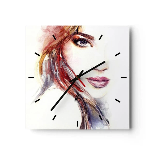 Reloj de pared - Reloj de vidrio - Una sutil acuarela del rostro de una mujer con una mirada expresiva. - 30x30cm - Sígueme - Decoración de pared moderna para salón y dormitorio ARTTOR