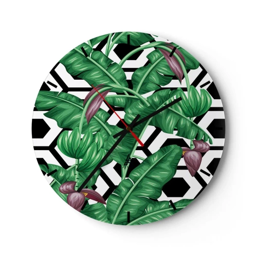 Reloj de pared - Reloj de vidrio - Hojas de plátano tropical sobre un fondo geométrico. - 30x30cm - Composición simétrica de la naturaleza - Decoración de pared moderna para salón, cocina y dormitorio ARTTOR