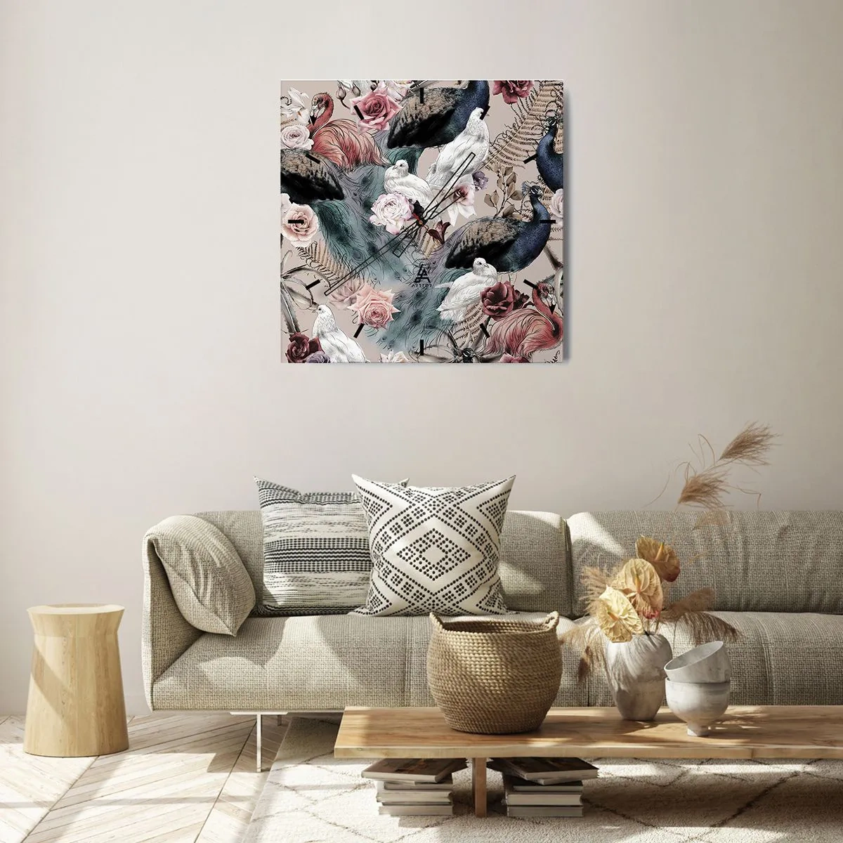 Reloj de pared - Reloj de vidrio - Un paisaje con plumas de pavo real, rosas y pájaros en estilo romántico. - 30x30cm - En un jardín de palacio - Decoración de pared moderna para salón y dormitorio ARTTOR