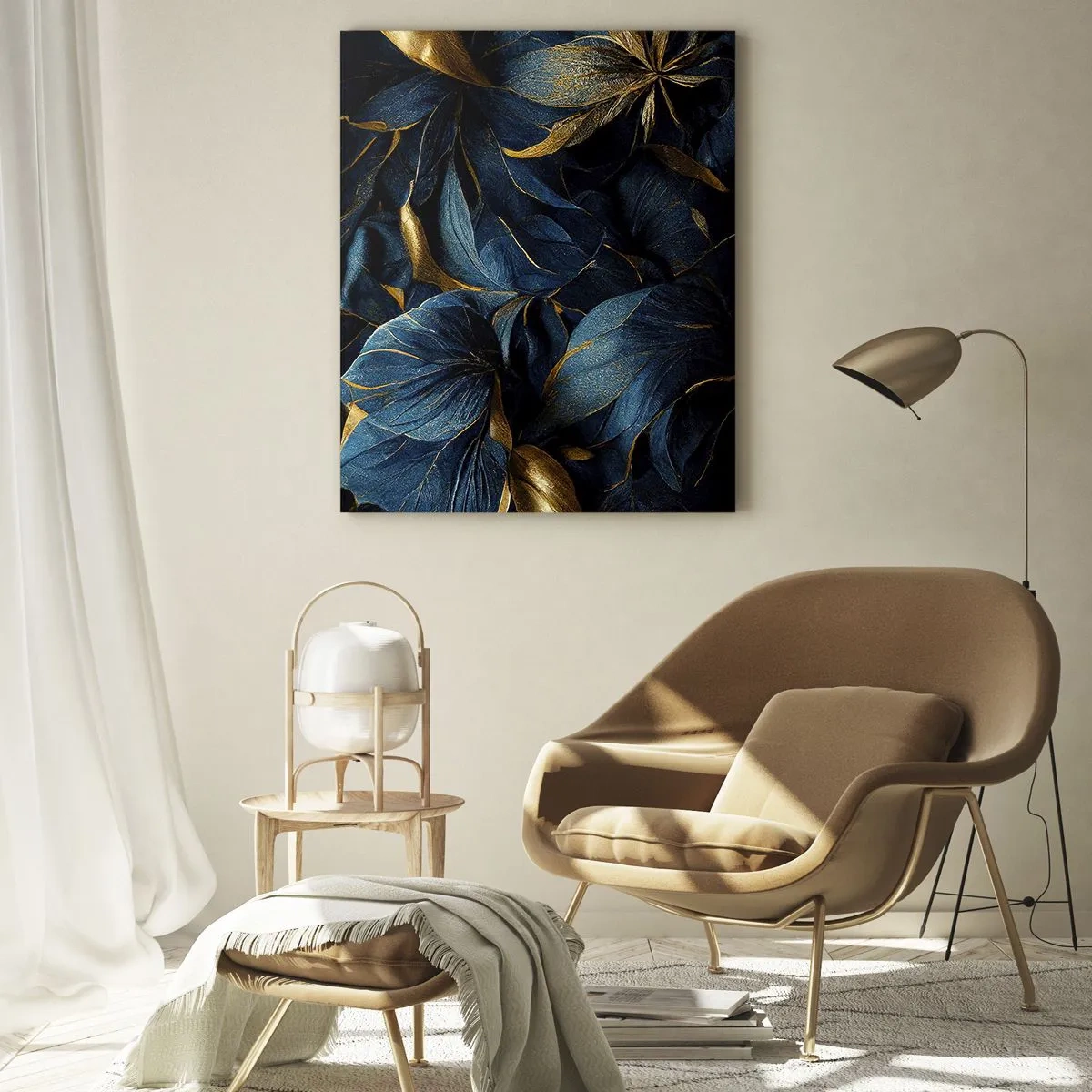 Cuadro sobre vidrio - Impresiones sobre Vidrio - Hojas elegantes en tonos dorados y azul marino. - 70x100cm - Forradas de oro - Decoración de pared moderna para salón y dormitorio ARTTOR