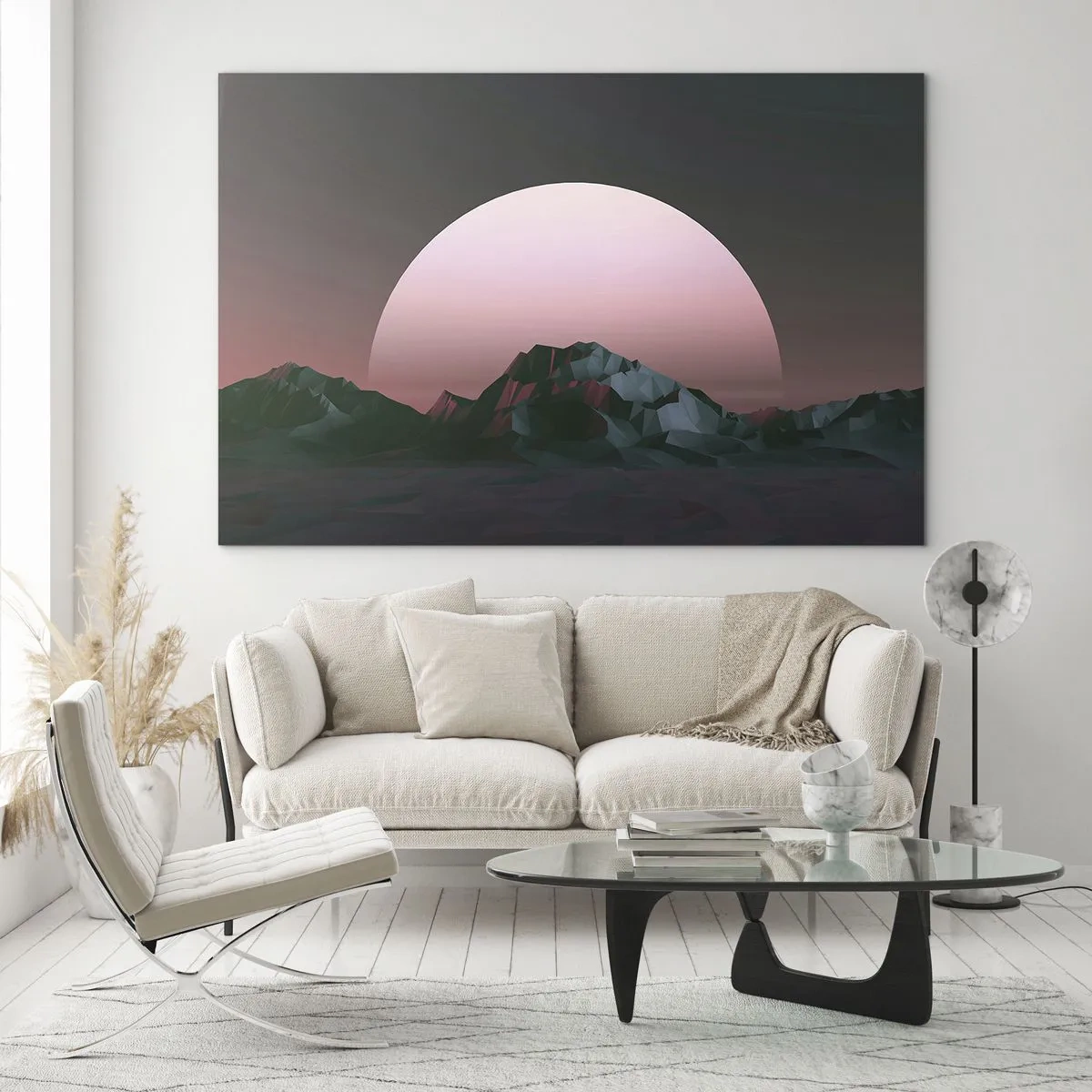 Cuadro sobre vidrio - Impresiones sobre Vidrio - Paisaje abstracto con montañas geométricas y un sol rosa. - 70x50cm - En una galaxia muy muy lejana - Decoración de pared moderna para salón y dormitorio ARTTOR