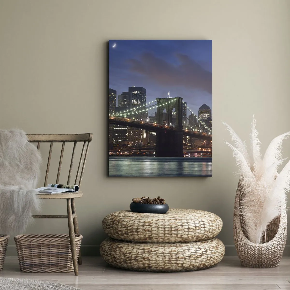 Cuadro sobre lienzo - Impresión de Imagen - Puente de la ciudad de Nueva York de noche con edificios iluminados - 50x70cm - Una noche iluminada - Decoración de pared moderna para salón y dormitorio ARTTOR