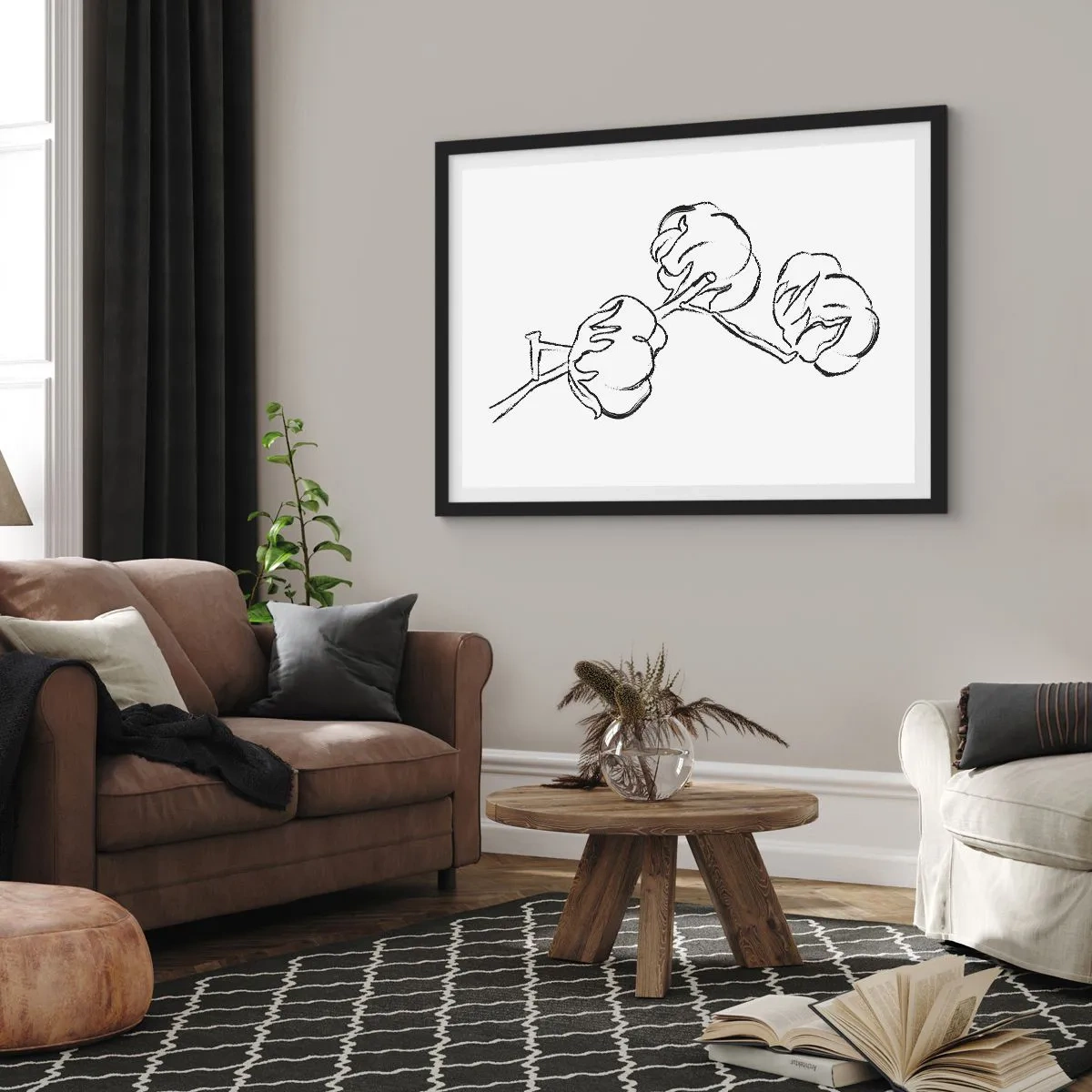 Póster en marco negro - Un delicado contorno de una rama de algodón sobre un fondo blanco. - 100x70cm - Plumón de algodón - Decoración de pared moderna para salón y dormitorio ARTTOR