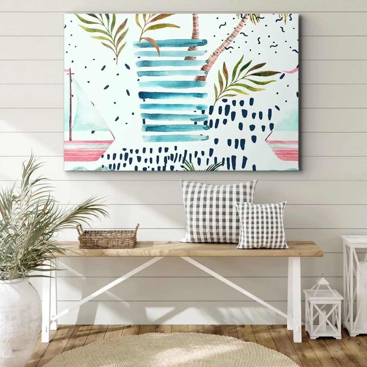 Cuadro sobre lienzo - Impresión de Imagen - Patrón abstracto con palmeras y acentos náuticos. - 70x50cm - Vacaciones bajo las palmeras - Decoración de pared moderna para salón y dormitorio ARTTOR