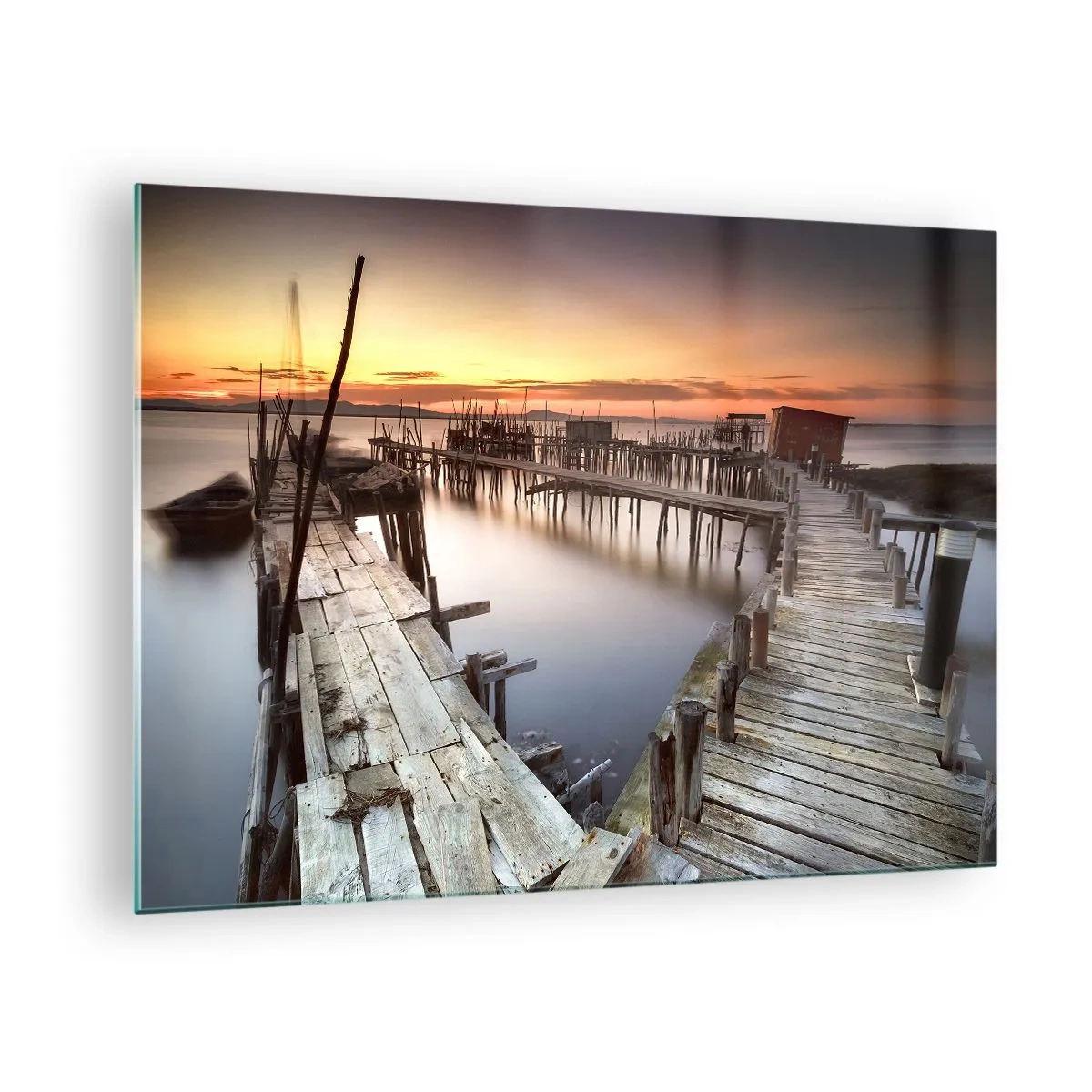 Cuadro sobre vidrio - Impresiones sobre Vidrio - Muelles de madera al atardecer sobre un lago tranquilo - 70x50cm - Auténtico, sublime - Decoración de pared moderna para salón y dormitorio ARTTOR