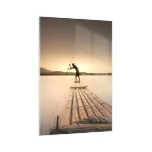 Cuadro sobre vidrio - Impresiones sobre Vidrio - Hombre en una balsa al atardecer - 70x100cm - Antes del descanso - Decoración de pared moderna para salón y dormitorio ARTTOR
