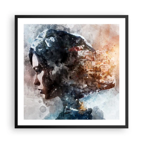 Póster en marco negro - Una historia sobre una niña con una ciudad de fondo - 60x60 cm