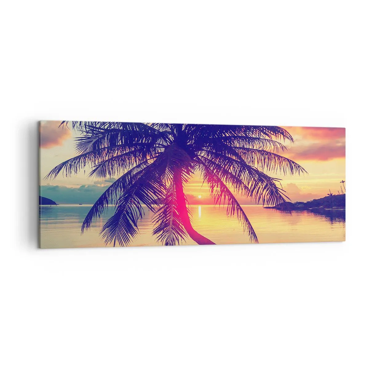 Cuadro sobre lienzo - Impresión de Imagen - Puesta de sol con una palmera sobre una orilla tranquila - 140x50cm - Atardecer bajo las palmeras - Decoración de pared moderna para salón y dormitorio ARTTOR