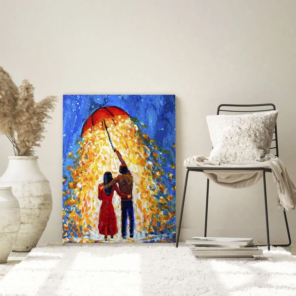 Cuadro sobre vidrio - Impresiones sobre Vidrio - Una pareja bajo una sombrilla rodeada de luz dorada contra el cielo nocturno. - 50x70cm - La magia de una tarde lluviosa - Decoración de pared moderna para salón y dormitorio ARTTOR