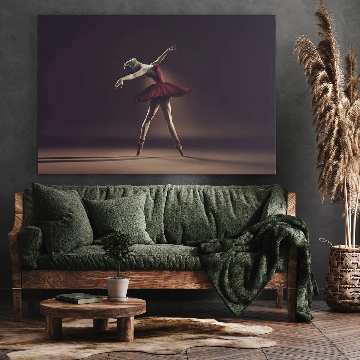 Cuadro sobre lienzo - Impresión de Imagen - Una bailarina de ballet con un vestido rojo frente a un escenario de fondo. - 70x50cm - Primera bailarina - Decoración de pared moderna para salón y dormitorio ARTTOR