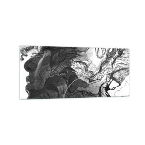 Cuadro sobre vidrio - Impresiones sobre Vidrio - Rostro abstracto en blanco y negro con líneas dinámicas. - 120x50cm - Enredada en sueños - Decoración de pared moderna para salón y dormitorio ARTTOR