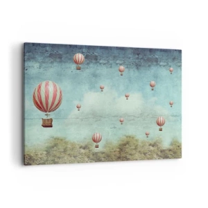 Cuadro sobre lienzo - Impresión de Imagen - Globos retro contra un cielo azul y un fondo verde. - 100x70cm - Libre del ajetreo de la vida - Decoración de pared moderna para salón y dormitorio ARTTOR