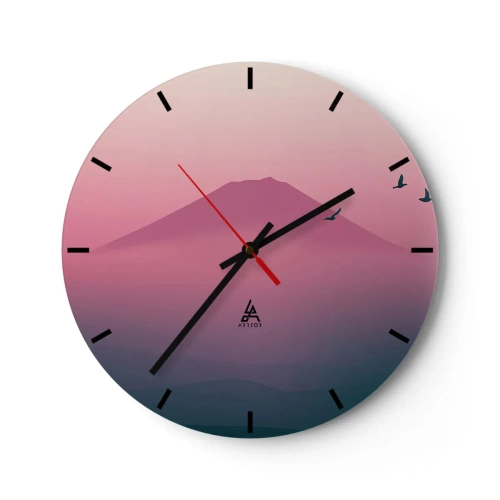Reloj de pared - Reloj de vidrio - Una montaña al anochecer con tonos rosados y morados. - 30x30cm - Sobre las nubes - Decoración de pared moderna para salón, cocina y dormitorio ARTTOR