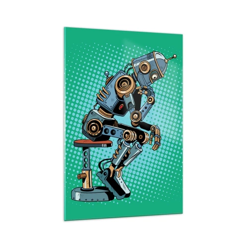 Cuadro sobre vidrio - Impresiones sobre Vidrio - Robot pensador de estilo pop art sobre un fondo verde - 70x100cm - Sobre la esencia del ser - Decoración de pared moderna para salón y dormitorio ARTTOR