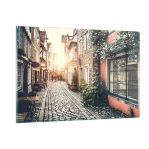 Cuadro sobre vidrio - Impresiones sobre Vidrio - Una encantadora calle con casas de vecindad iluminadas por la puesta de sol. - 120x80cm - El callejón de las rosas - Decoración de pared moderna para salón y dormitorio ARTTOR