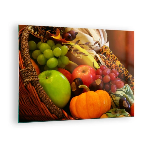 Cuadro sobre vidrio - Impresiones sobre Vidrio - Una cesta llena de frutas y verduras en un arreglo otoñal. - 70x50cm - Cesta de la cosecha - Decoración de pared moderna para salón y dormitorio ARTTOR