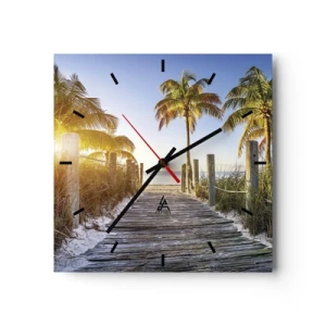 Reloj de pared - Reloj de vidrio - Camino de madera en la playa con palmeras al fondo - 30x30cm - Directo al paraíso - Decoración de pared moderna para salón y dormitorio ARTTOR