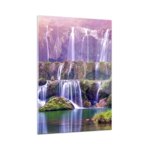 Cuadro sobre vidrio - Impresiones sobre Vidrio - Cascadas pintorescas que fluyen por rocas verdes al atardecer - 50x70cm - Escalera al cielo - Decoración de pared moderna para salón y dormitorio ARTTOR