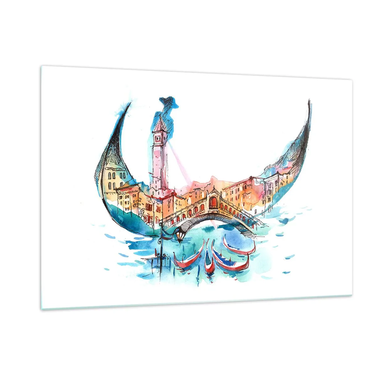 Cuadro sobre vidrio - Impresiones sobre Vidrio - Panorama de Venecia en acuarela en forma de máscara. - 120x80cm - Navegamos por la ciudad - Decoración de pared moderna para salón y dormitorio ARTTOR